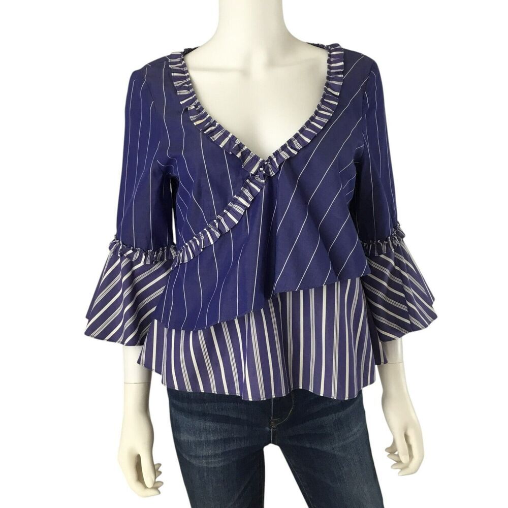 Cinq à Sept Blue Ruffled V-Neck Blouse